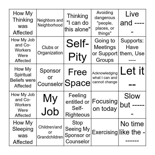 Recovery Bingo Card