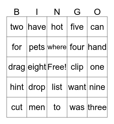 Level 1 short a, e, i, o, u & sight words Bingo Card