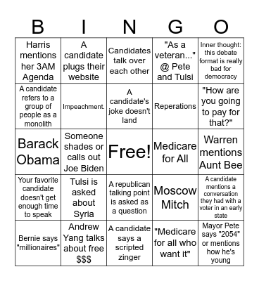 October Dem Debate Bingo Card