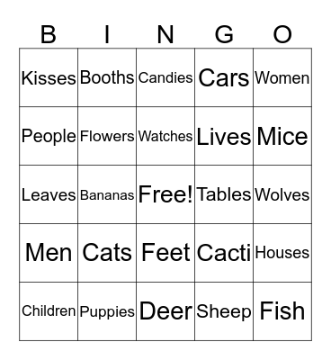 Plural Nouns Bingo Card