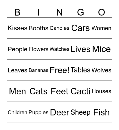 Plural Nouns Bingo Card