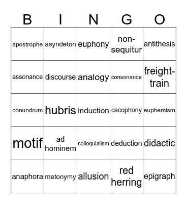 Rhetorical Vocabulary Bingo Card