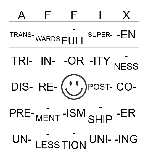 Prefixes & Suffixes Bingo Card