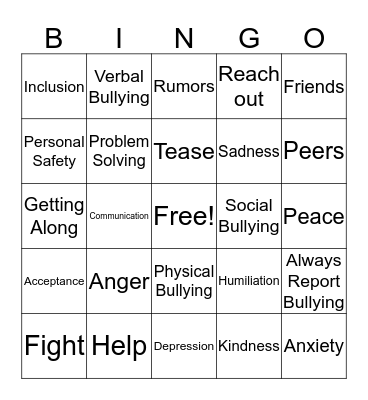 Say "No" to Bullying  Bingo Card