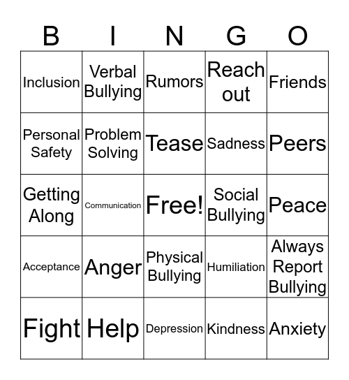 Say "No" to Bullying  Bingo Card