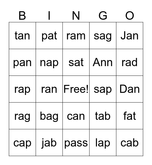 "A" Sound Bingo Card