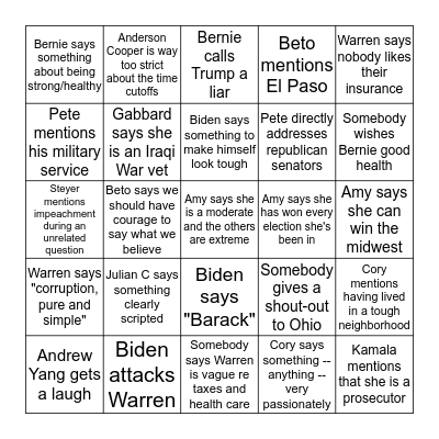 October Democratic Debate Bingo  Bingo Card