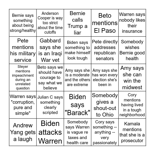 October Democratic Debate Bingo  Bingo Card
