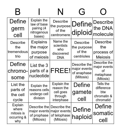 CELL DIVISION Bingo Card