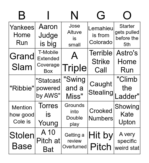 Yankees vs Astros Bingo Card