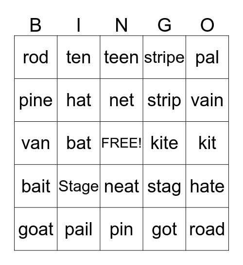 Short Long Vowel words Bingo Card