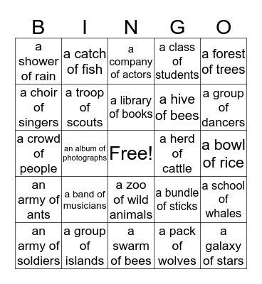 Collective Noun Bingo Card