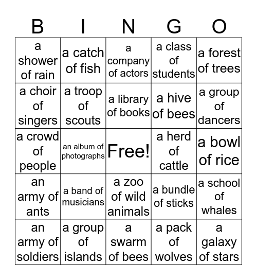Collective Noun Bingo Card