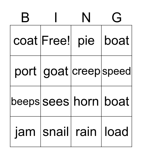 ai, oa, ee, ie and or words Bingo Card