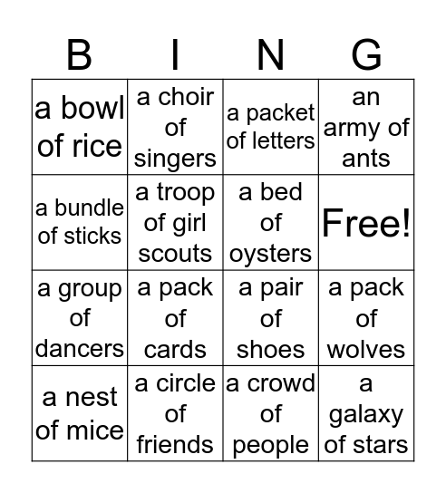 Collective Noun Bingo Card