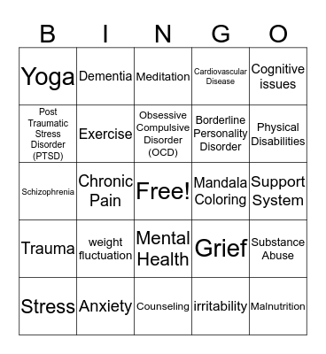 Mental Health Awareness Bingo Card