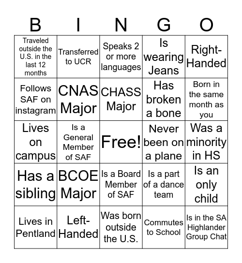 SAF Bingo Card