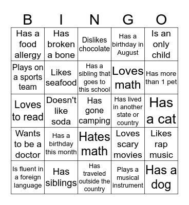 First Day of Class Bingo Card