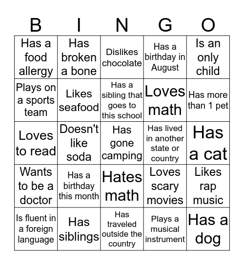 First Day of Class Bingo Card