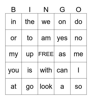 Sight Words Bingo Card