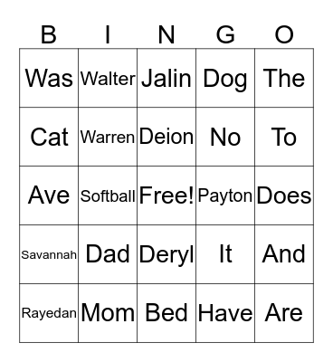 Sight Word Bingo Card