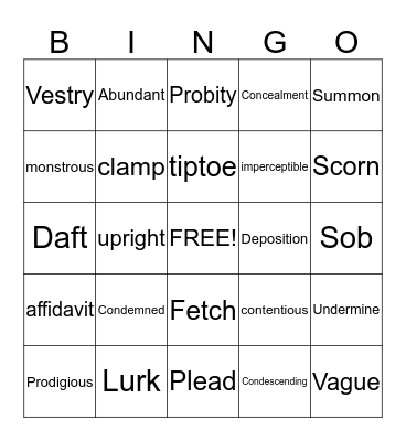 Vocabulary Act 3 Bingo Card