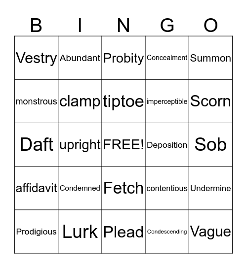 Vocabulary Act 3 Bingo Card