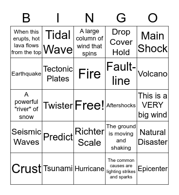 Disaster Vocabulary Bingo Card