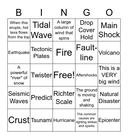 Disaster Vocabulary Bingo Card