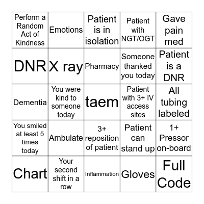 Critical Care Bingo Card