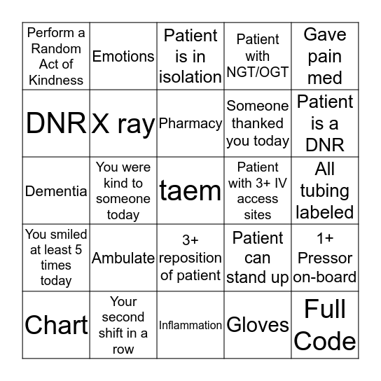 Critical Care Bingo Card
