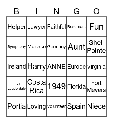 Anne's BINGO Birthday Bash Bingo Card