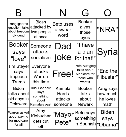 October Democratic Debate Bingo! Bingo Card
