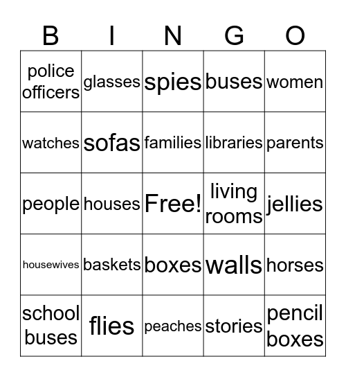 Lesson 2 Grammar Focus - Plural Words Bingo Card