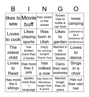 MINGLE BINGO! Grab a pen and get to know your sisters by finding out about them. Only one answer per person per card! Prizes for Bingo and a big prize for the first blackout card! Bingo Card