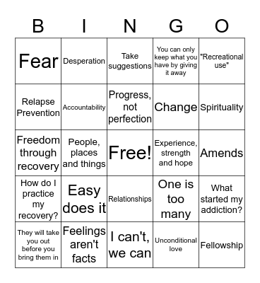Recovery Bingo Card