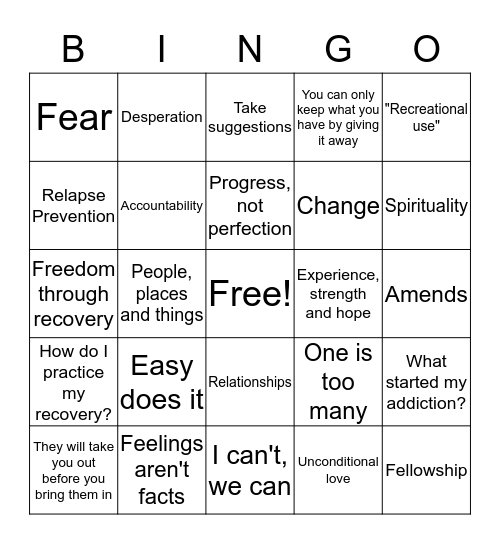 Recovery Bingo Card