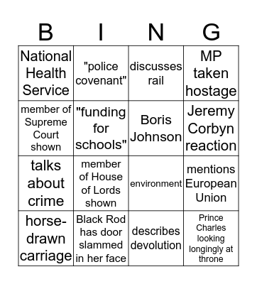 Queen's Speech Bingo Card