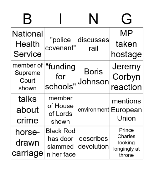 Queen's Speech Bingo Card