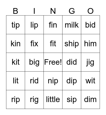 Short "I" Bingo Card