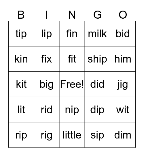 Short "I" Bingo Card