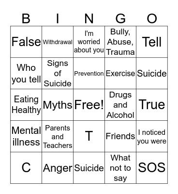 SOS Suicide Prevention Bingo Card