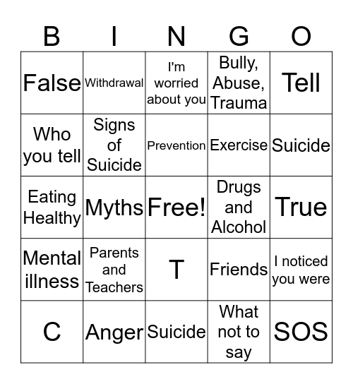 SOS Suicide Prevention Bingo Card