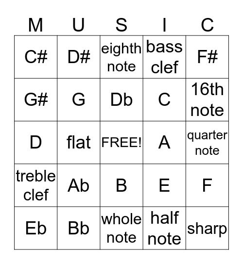 Notes and Rhythms Bingo Card