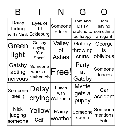 The Great Gatsby (1974) Bingo Card