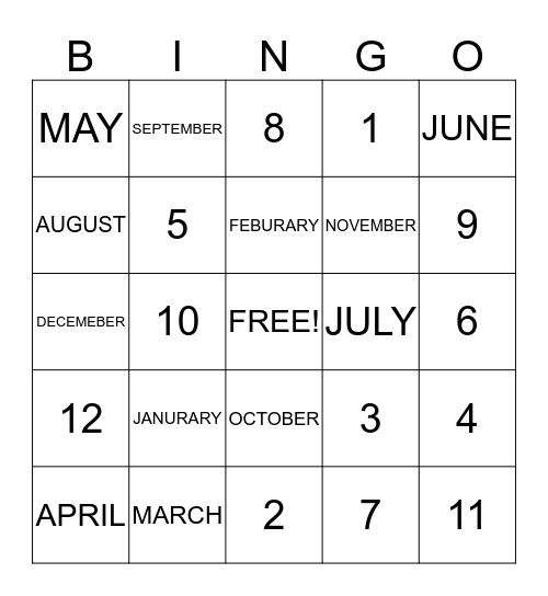 MONTHS Bingo Card