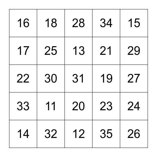 Two-digit numbers Bingo Card
