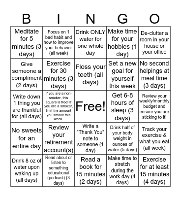 Fall Into Healthy Habits - Week 2 Bingo Card