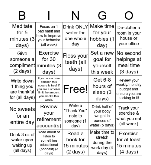Fall Into Healthy Habits - Week 2 Bingo Card