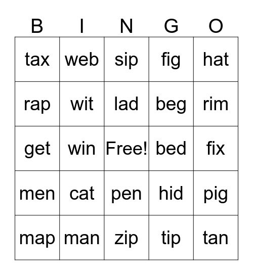 CVC word bingo!! Bingo Card